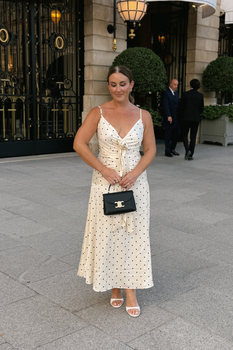 Margaux Rosette Satin Polka Dot Midi Dress