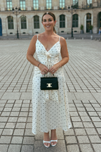 Margaux Rosette Satin Polka Dot Midi Dress