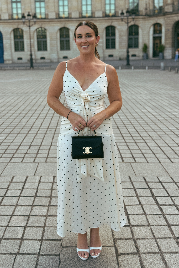 Margaux Rosette Satin Polka Dot Midi Dress