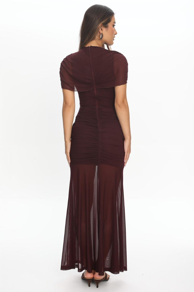 Maris Ruched Cape Maxi Dress - Deep Maroon