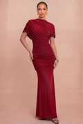 Pre-Order - Maris Ruched Cape Maxi Dress - Berry - 9/25