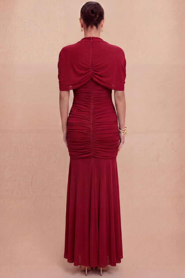 Pre-Order - Maris Ruched Cape Maxi Dress - Berry - 9/25