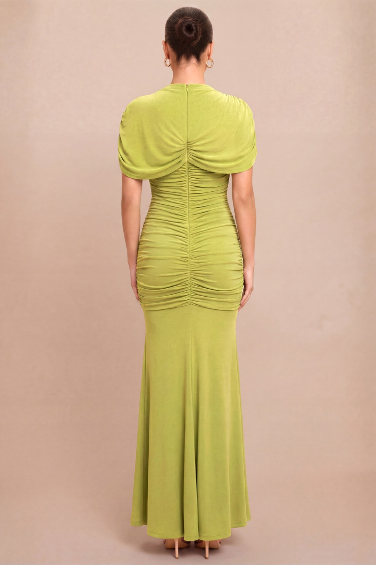 Maris Ruched Cape Maxi Dress - Chartreuse