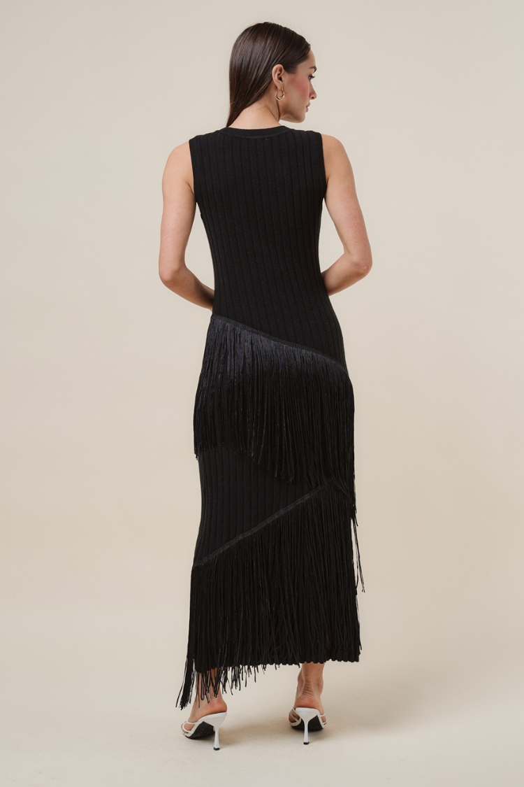 Marisol Fringe Midi Dress - Black