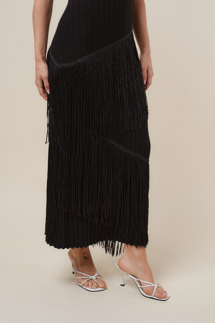 Marisol Fringe Midi Dress - Black