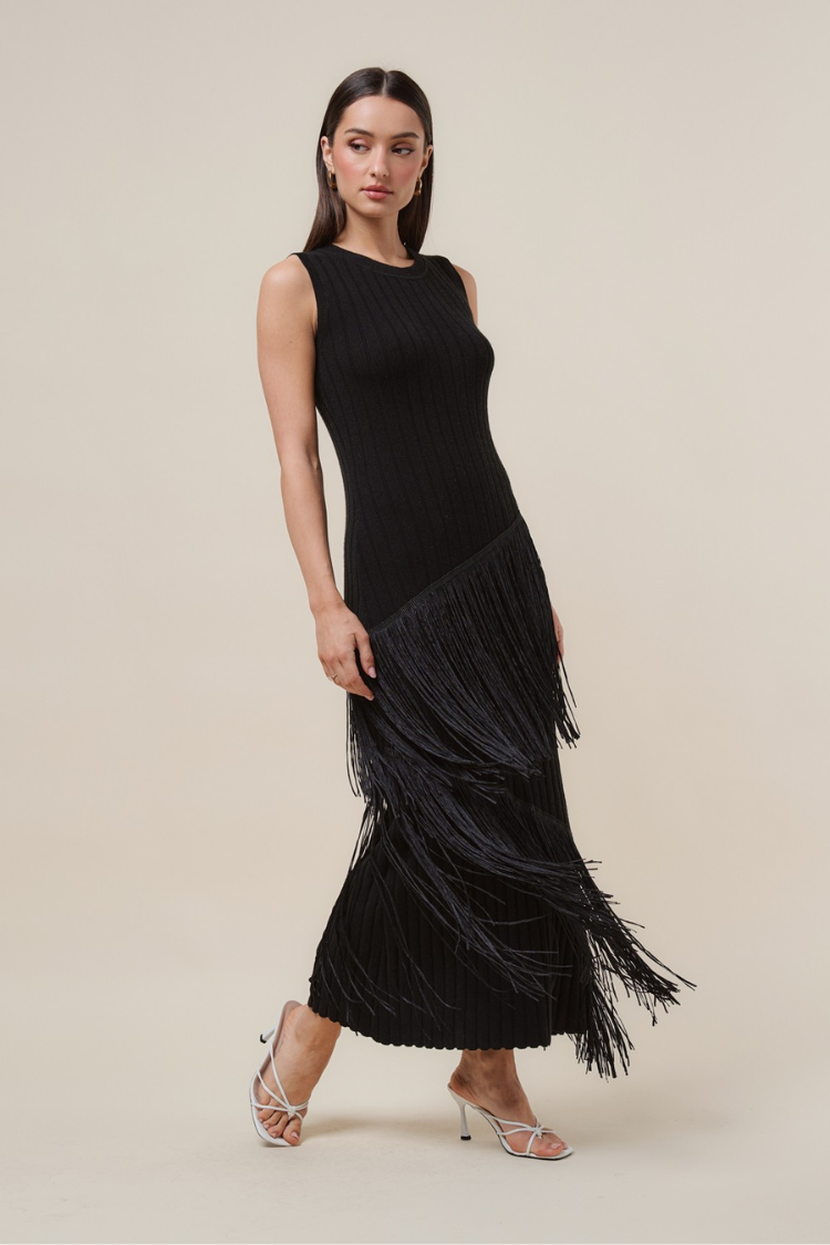Marisol Fringe Midi Dress - Black