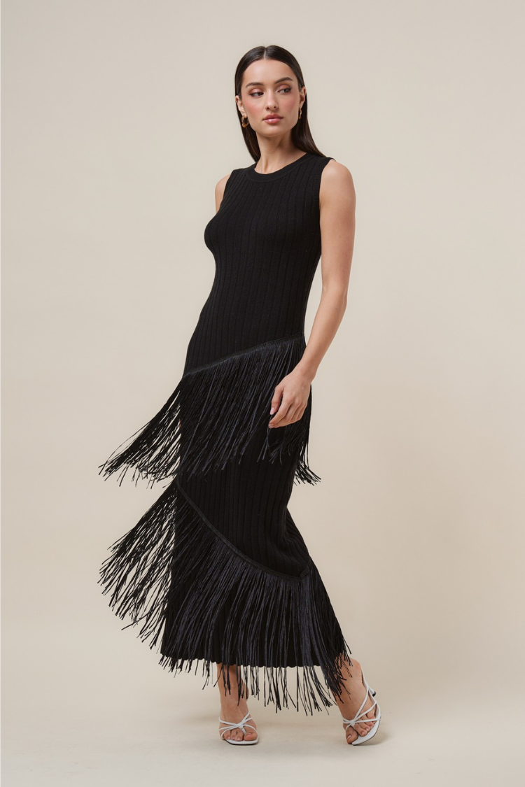 Marisol Fringe Midi Dress - Black