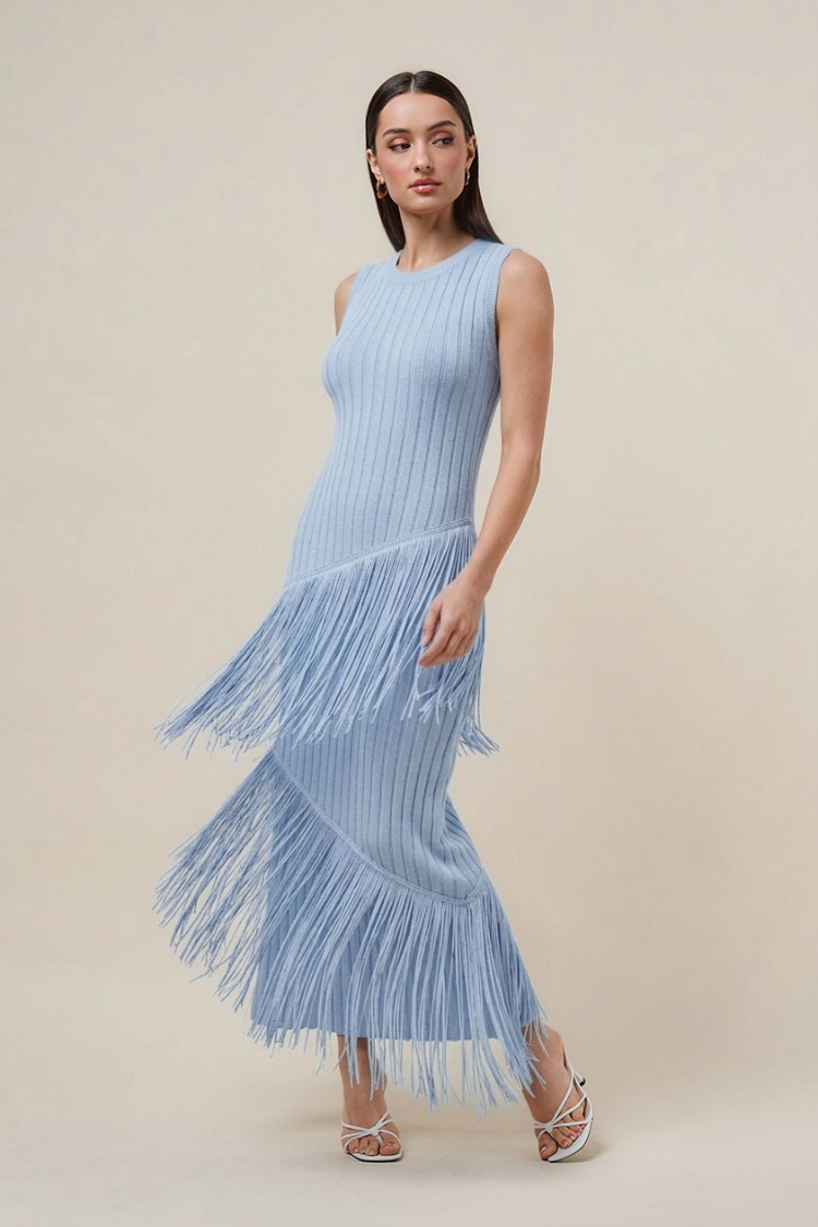 Marisol Fringe Maxi Dress - Blue