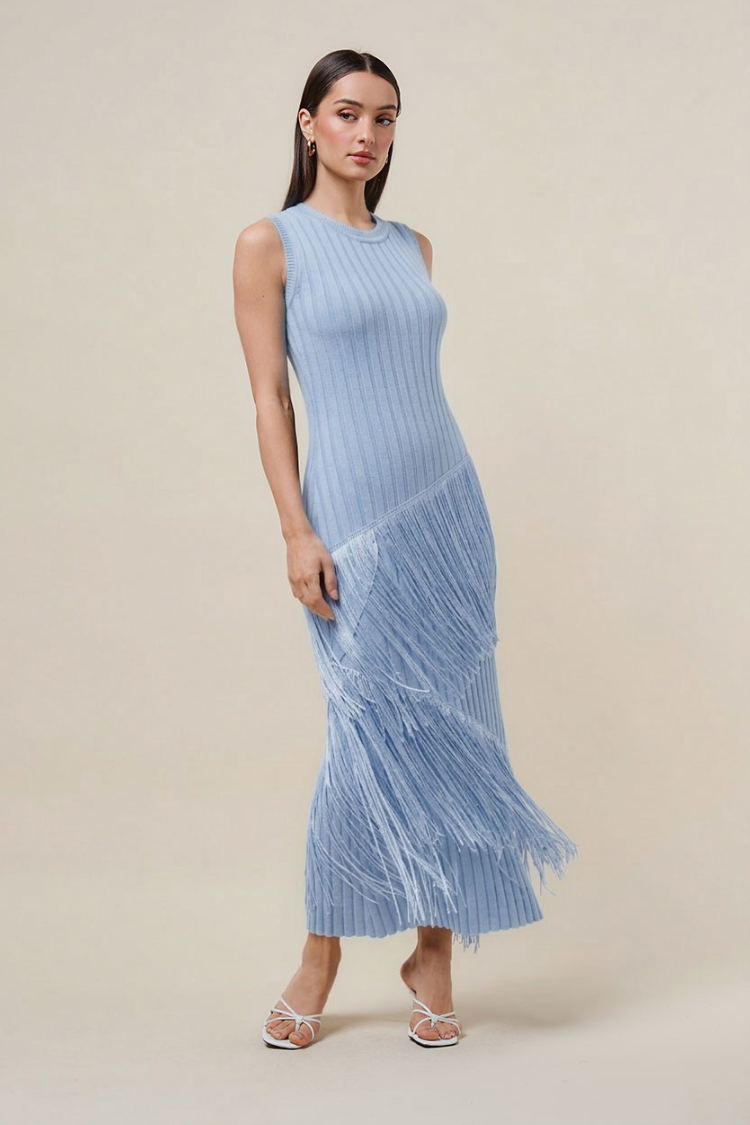 Marisol Fringe Maxi Dress - Blue