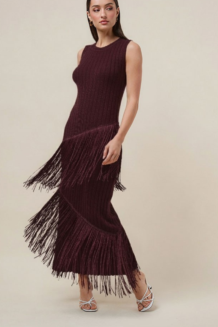 Pre-Order - Marisol Fringe Midi Dress - Wine - 10/25