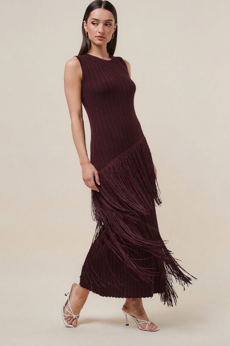 Pre-Order - Marisol Fringe Midi Dress - Wine - 10/25