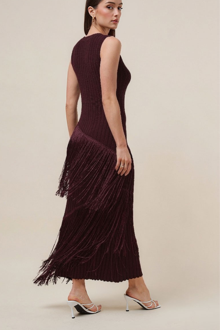Pre-Order - Marisol Fringe Midi Dress - Wine - 10/25