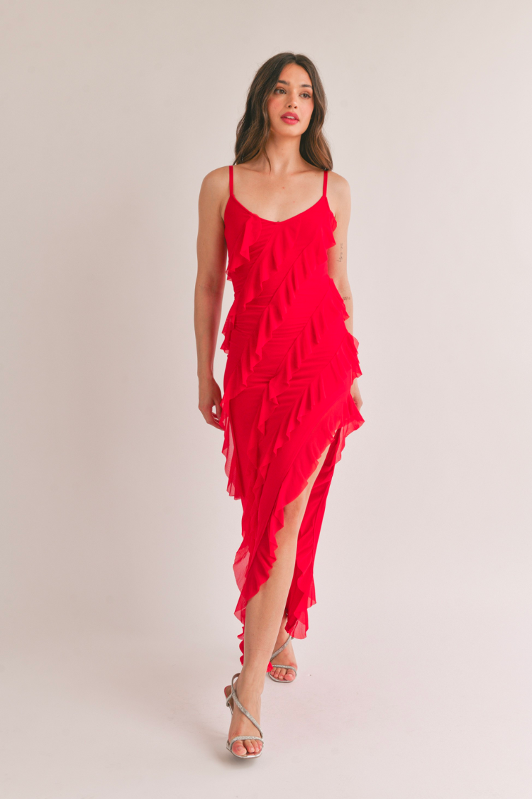 Natalia Bias Cut Ruffled Maxi Dress - Cherry Red - FINAL SALE