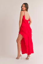 Natalia Bias Cut Ruffled Maxi Dress - Cherry Red - FINAL SALE