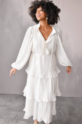 Odette Ruffle Mock Neck Tiered Midi Dress - White - FINAL SALE