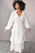 Odette Ruffle Mock Neck Tiered Midi Dress - White - FINAL SALE