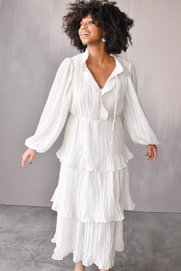 Odette Ruffle Mock Neck Tiered Midi Dress - White - FINAL SALE