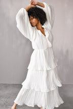 Odette Ruffle Mock Neck Tiered Midi Dress - White - FINAL SALE