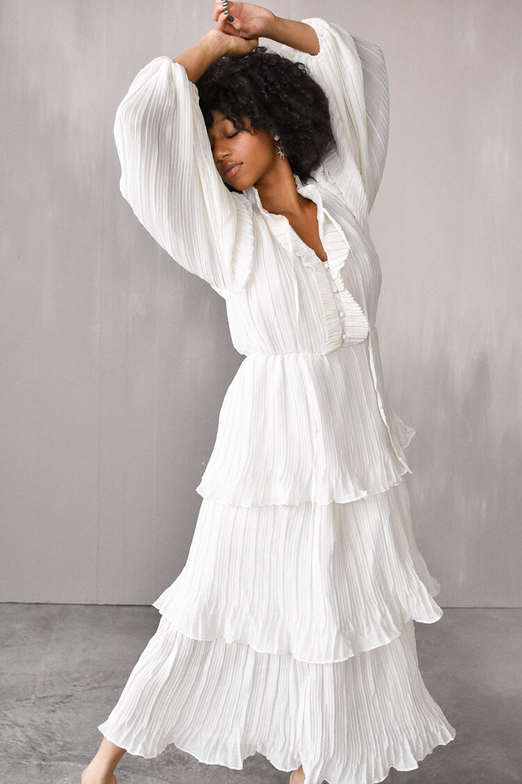 Odette Ruffle Mock Neck Tiered Midi Dress - White - FINAL SALE