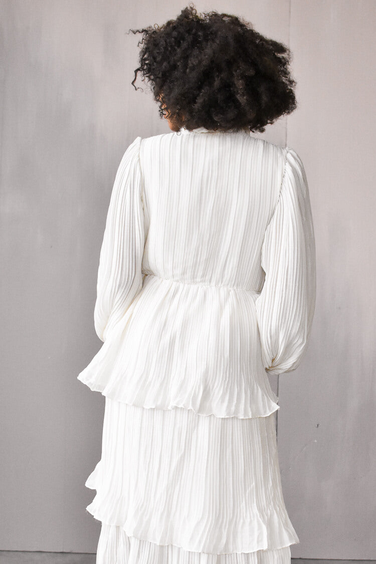 Odette Ruffle Mock Neck Tiered Midi Dress - White - FINAL SALE