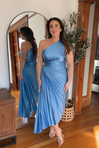 Olympia Blue Pleated One Shoulder Gown