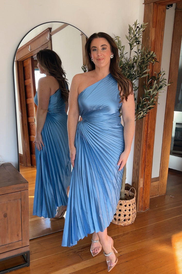 Olympia Blue Pleated One Shoulder Gown