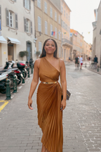 Olympia Bronze Pleated One Shoulder Gown