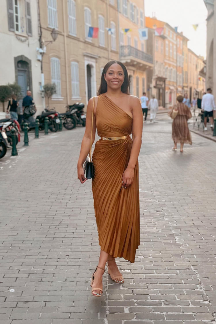 Olympia Bronze Pleated One Shoulder Gown