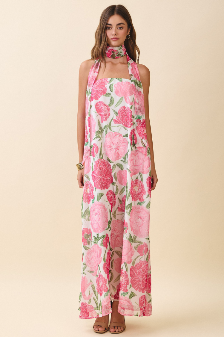 Peony Dreams Maxi Dress with Neck Scarf
