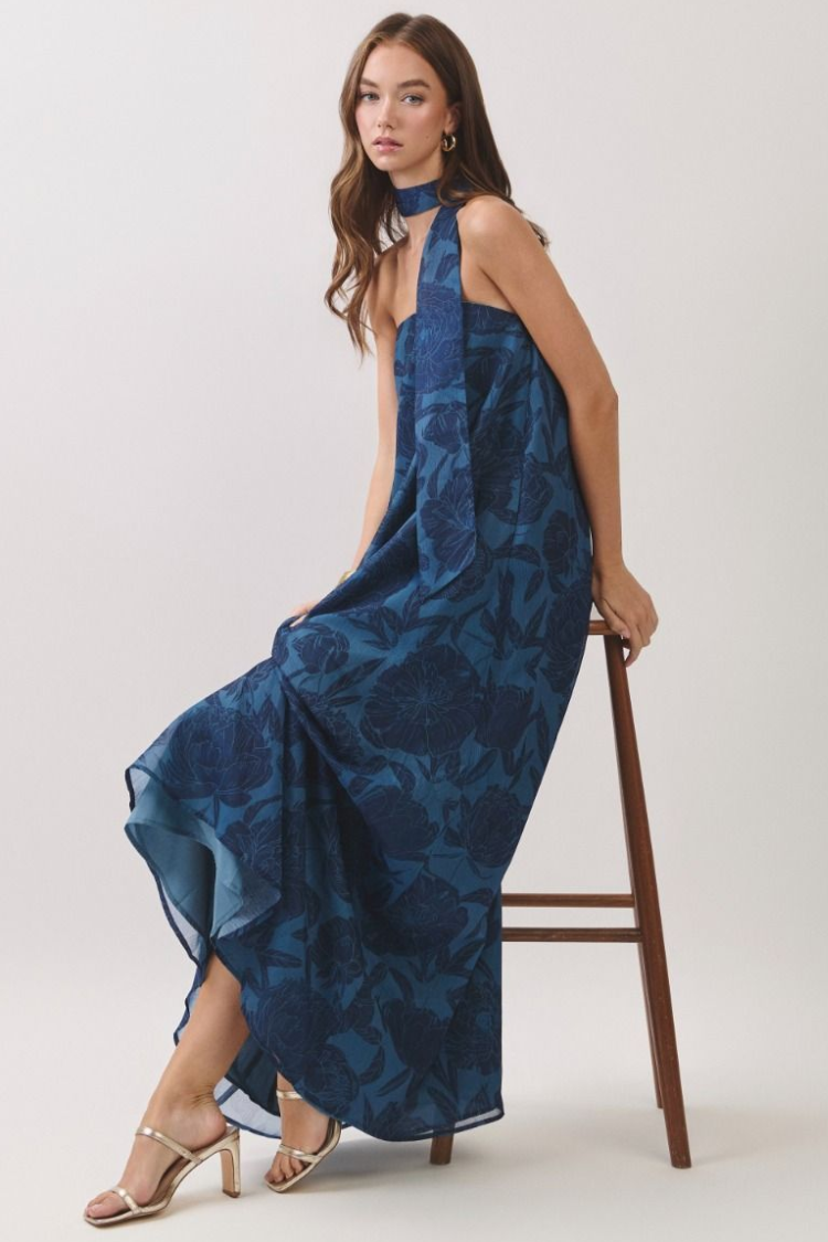 Pre-Order - Peony Dreams Navy Floral Maxi Dress with Neck Scarf - 9/18