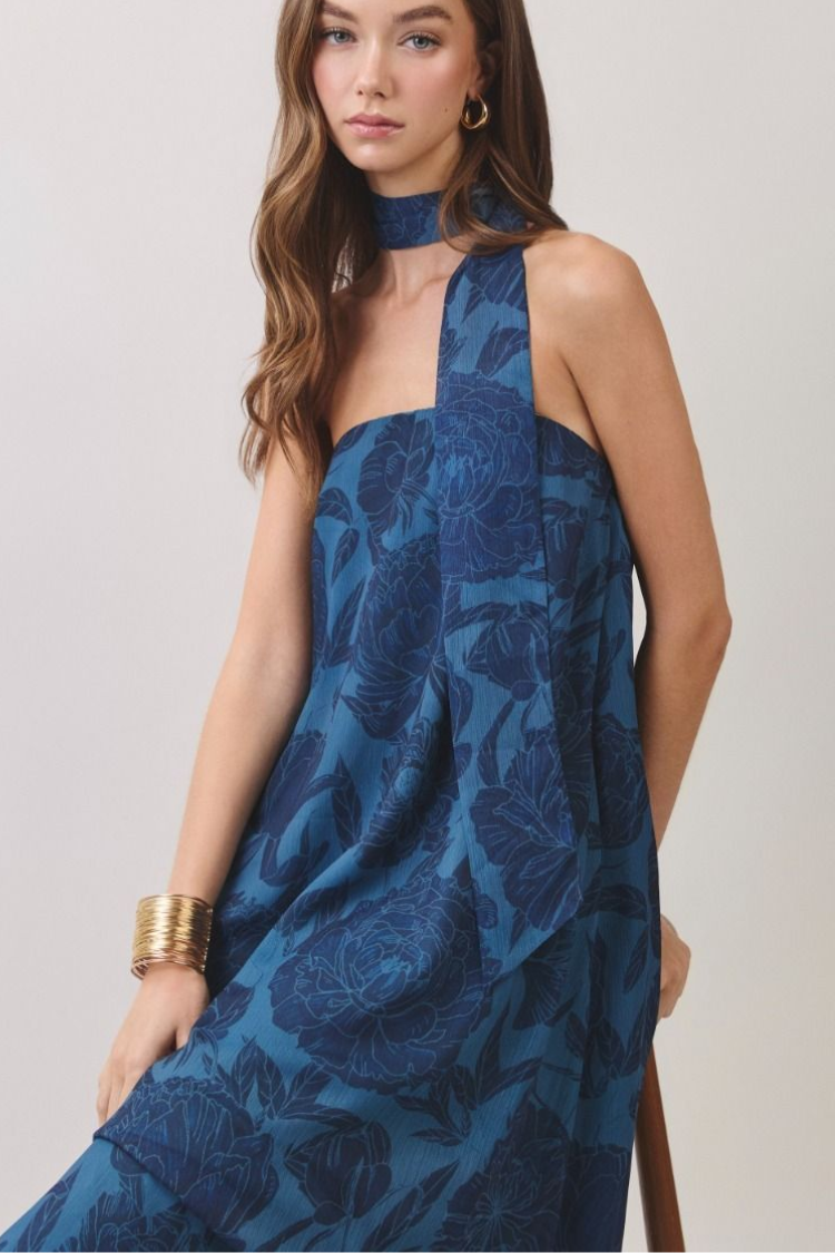Pre-Order - Peony Dreams Navy Floral Maxi Dress with Neck Scarf - 9/18