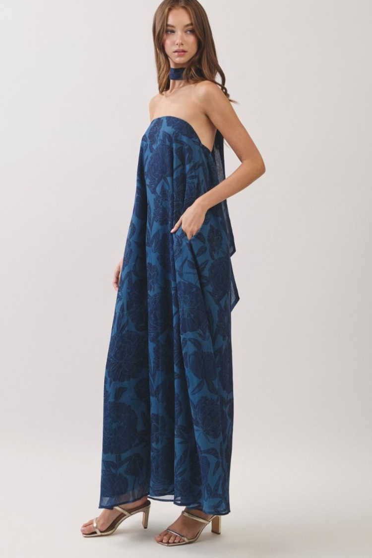 Pre-Order - Peony Dreams Navy Floral Maxi Dress with Neck Scarf - 9/18