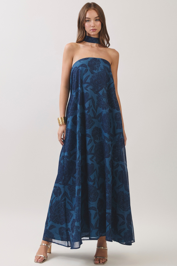 Pre-Order - Peony Dreams Navy Floral Maxi Dress with Neck Scarf - 9/18