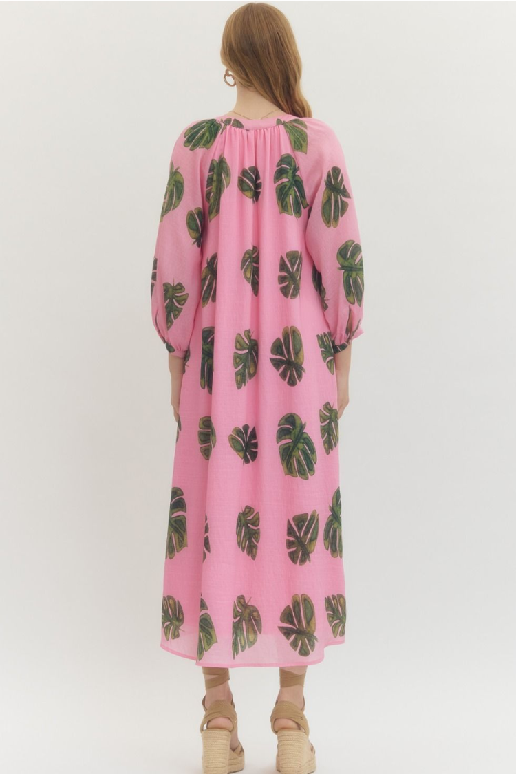 Tropical Escape Palm Print Midi Dress - Pink