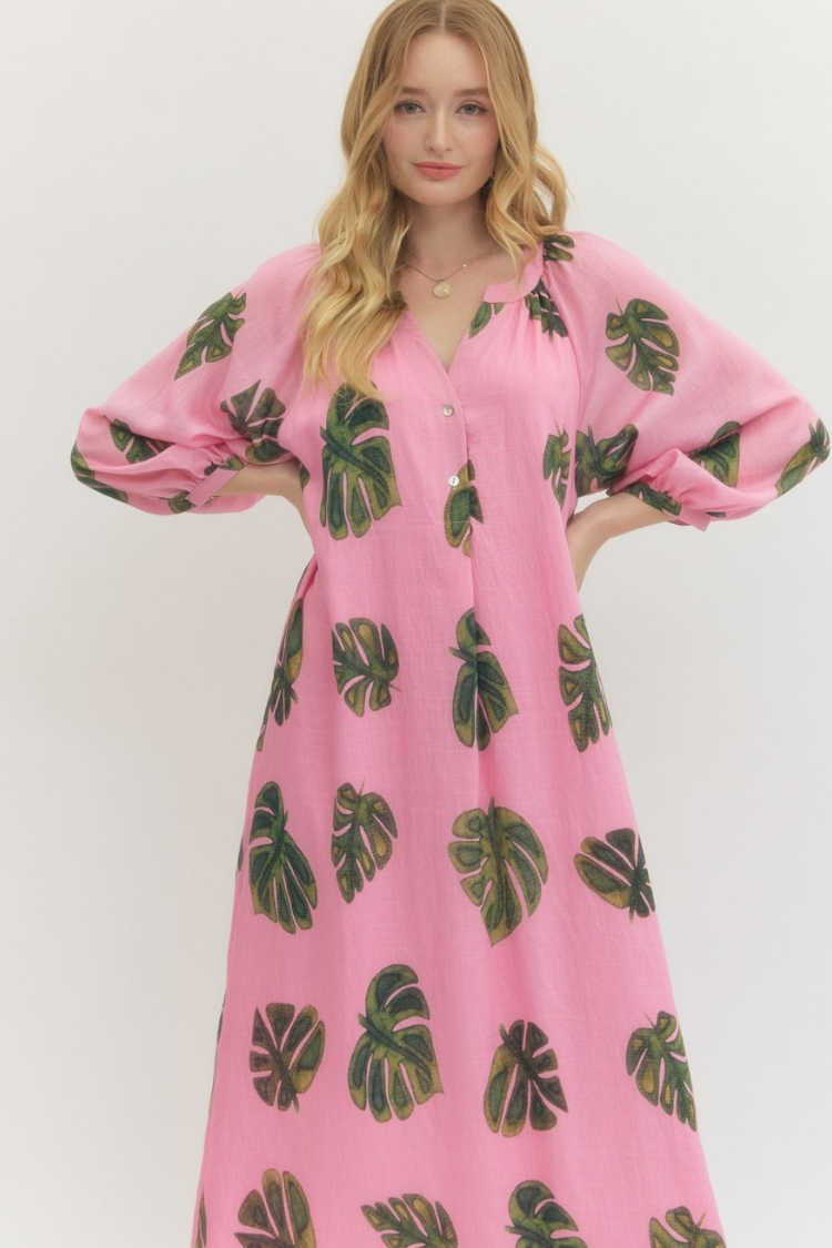 Tropical Escape Palm Print Midi Dress - Pink