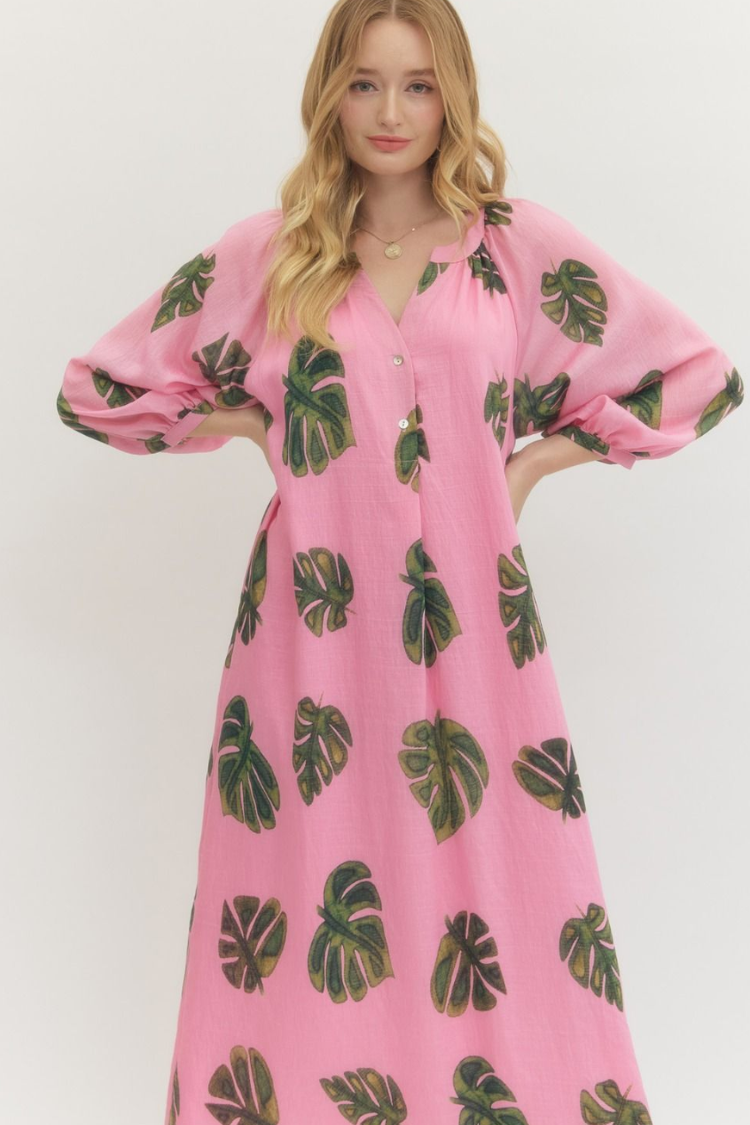 Tropical Escape Palm Print Midi Dress - Pink