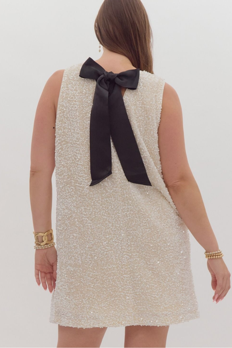 Irina White Sequin Sleeveless Mini Dress with Black Bow