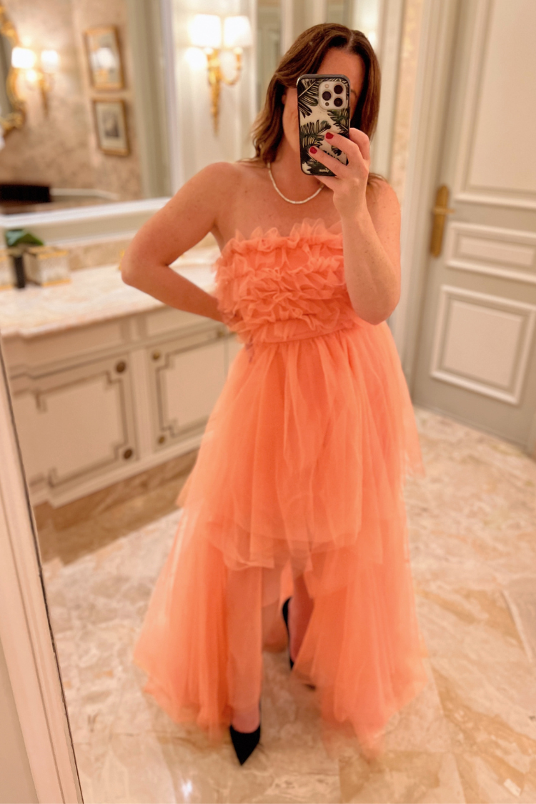 Madeleine Coral Strapless Tulle High Low Maxi Dress