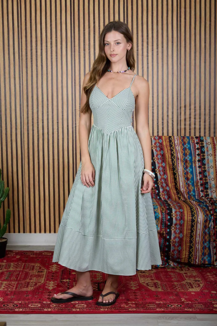 Cabana Stripe Basque Waist Midi Dress