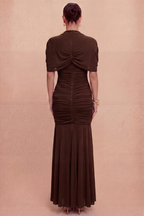 Pre-Order - Maris Ruched Cape Maxi Dress - Espresso Brown - 9/25