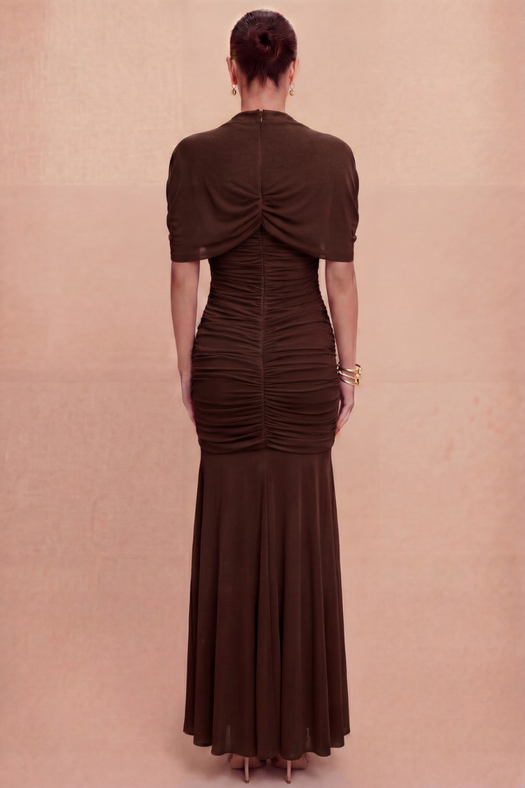 Pre-Order - Maris Ruched Cape Maxi Dress - Espresso Brown - 9/25