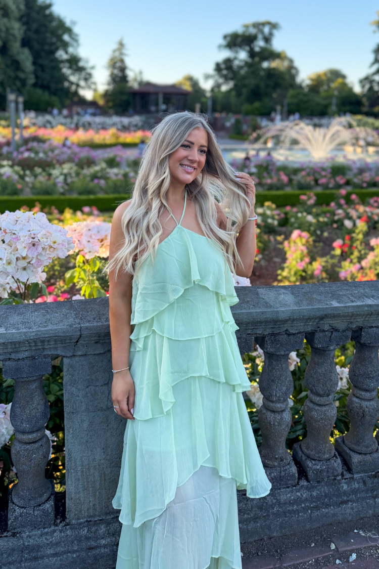 The Vivienne Sage Ruffle Maxi Dress
