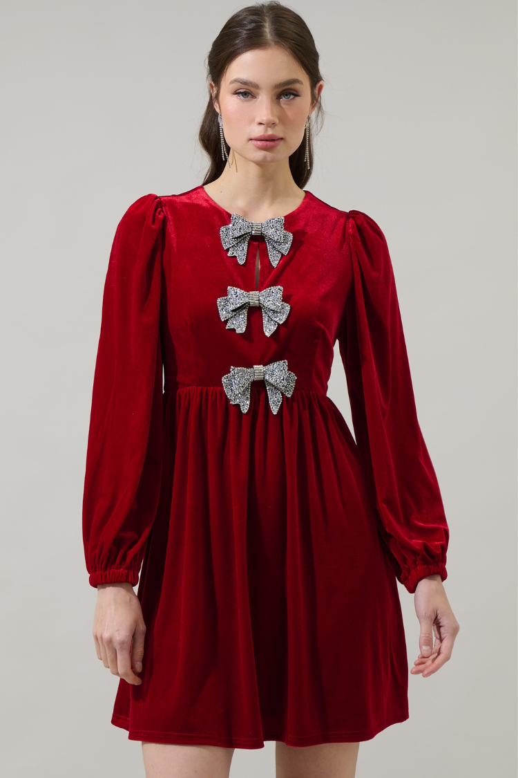 Brigette Glow Bow Velvet Mini Dress - Red