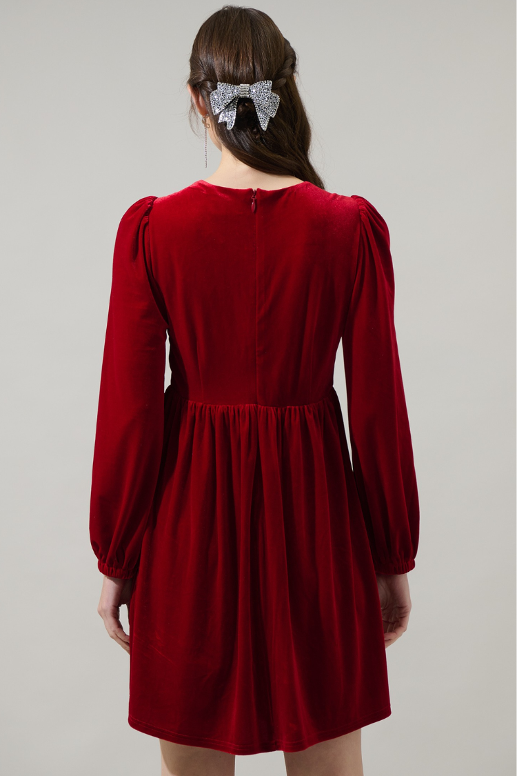 Brigette Glow Bow Velvet Mini Dress - Red