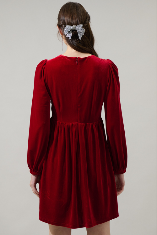 Brigette Glow Bow Velvet Mini Dress - Red