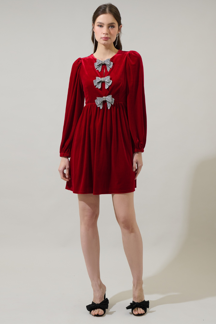 Brigette Glow Bow Velvet Mini Dress - Red