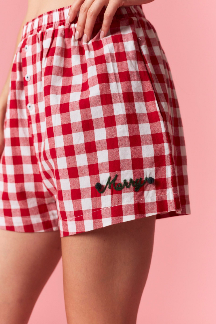 Red and White Checked Merry Pajama Shorts
