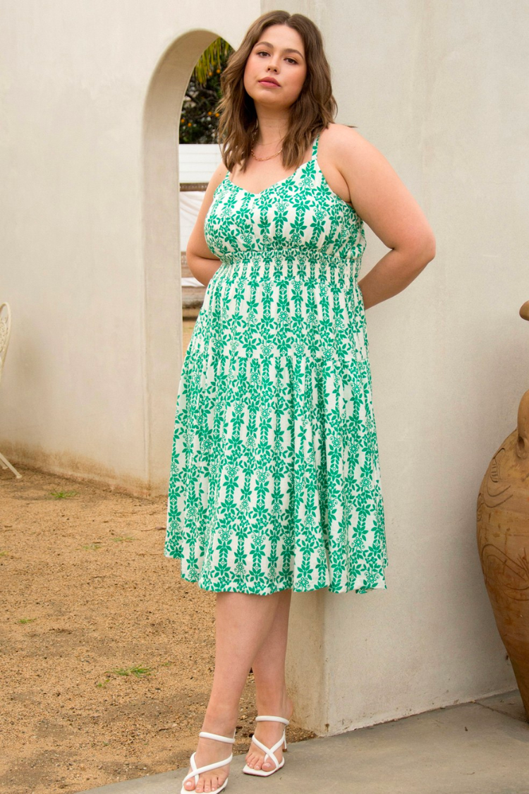 Remy Green and White Print Midi Dress - FINAL SALE