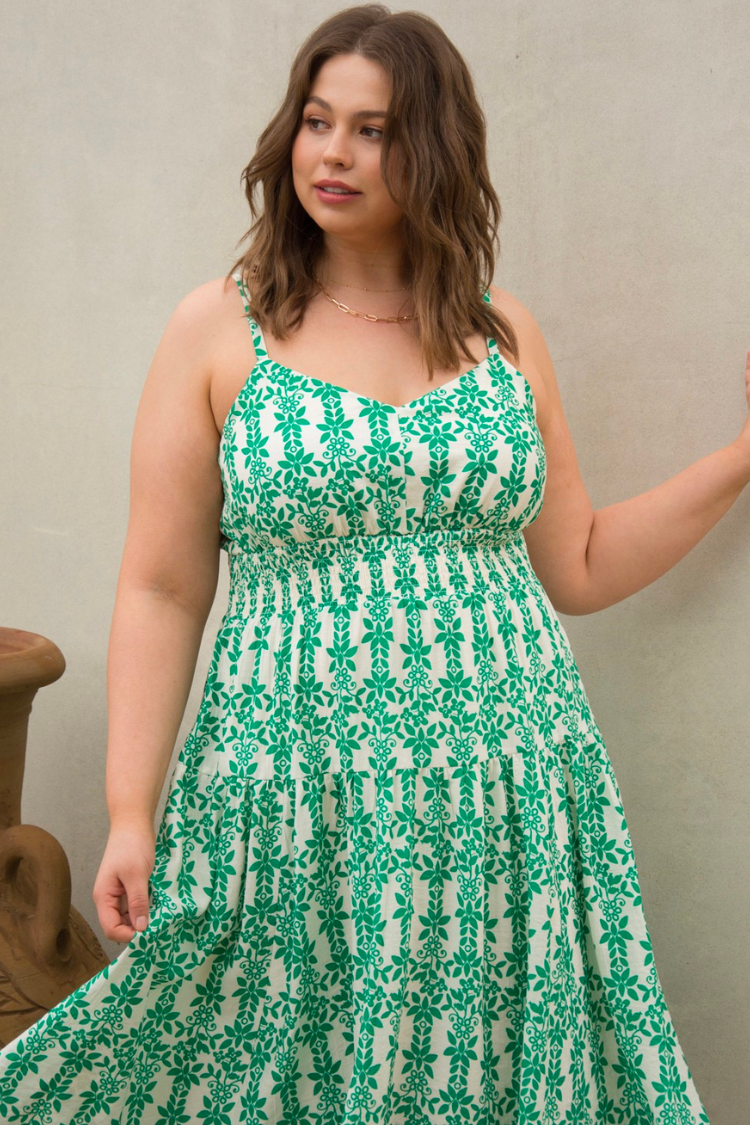 Remy Green and White Print Midi Dress - FINAL SALE