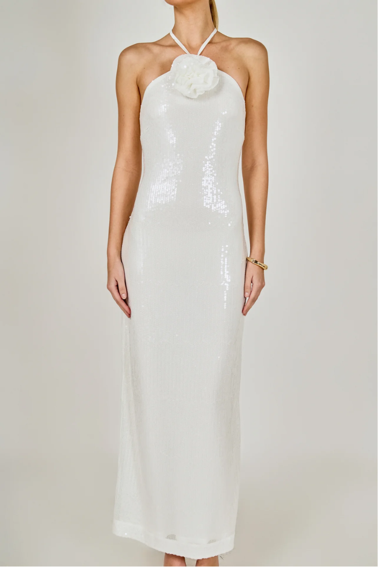 Rose White Sequin Haltered Maxi Dress